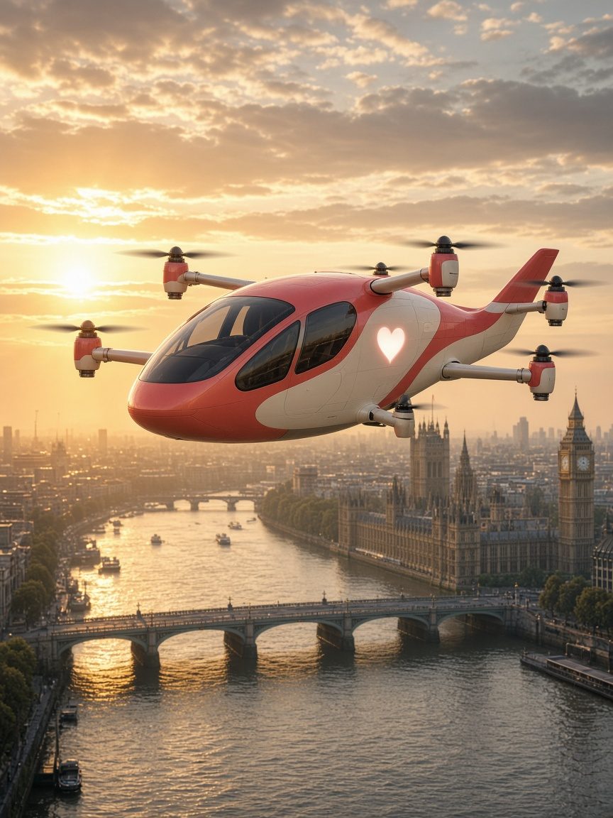 AI-illustrated concept: a coral and cream air taxi over the Thames at sunrise