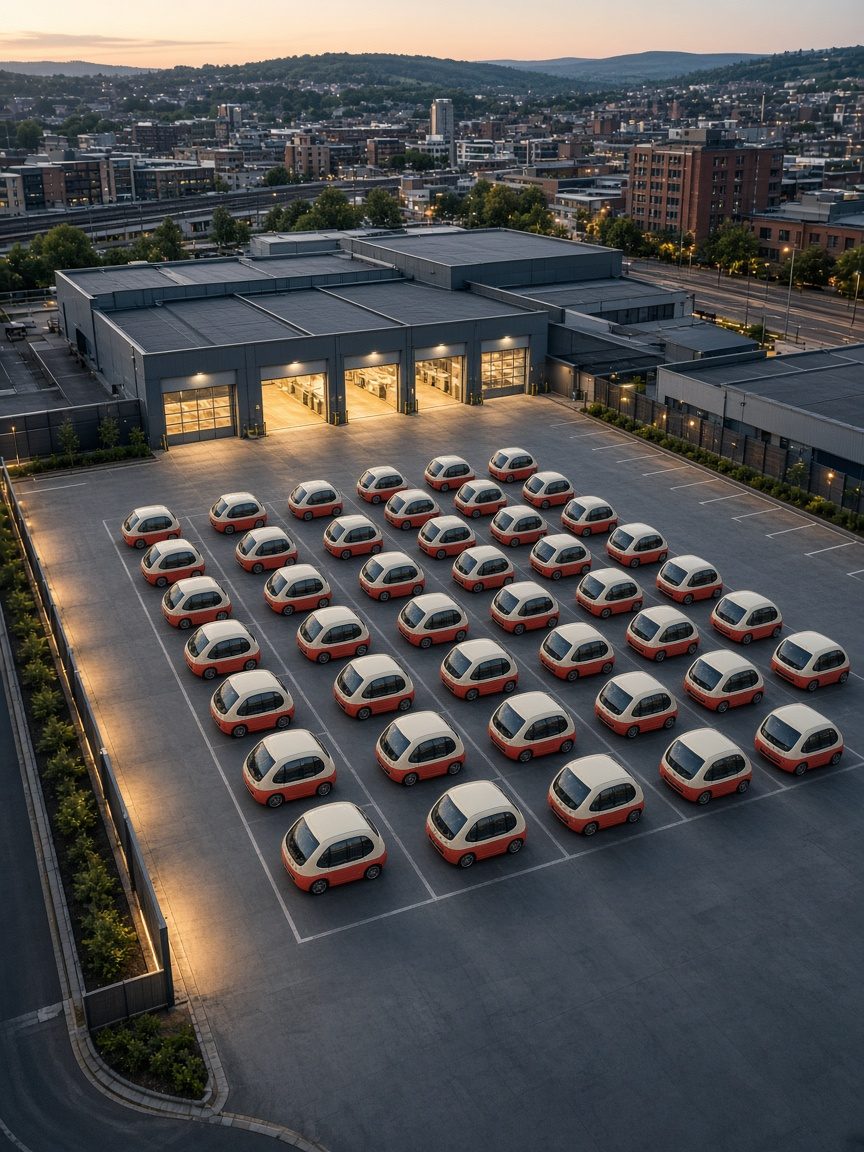 AI-illustrated concept: rows of coral and cream taxi pods at sunset