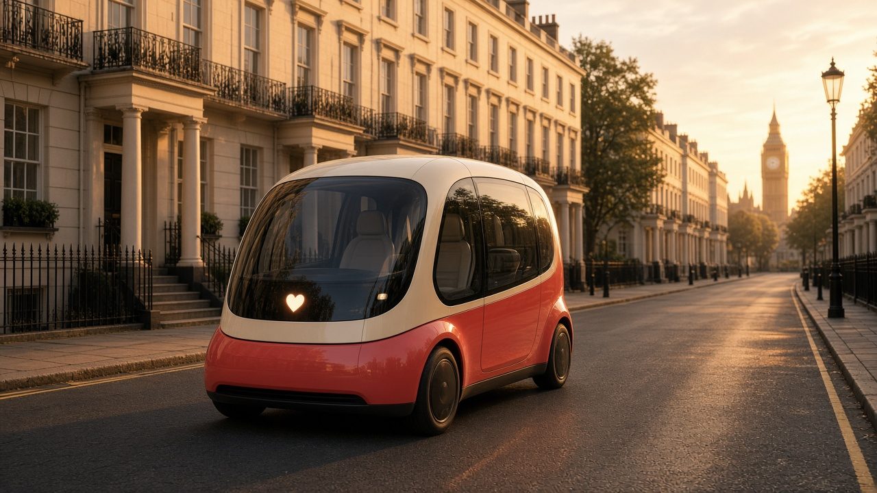 AI-illustrated concept: taxi pod on a London street at golden hour