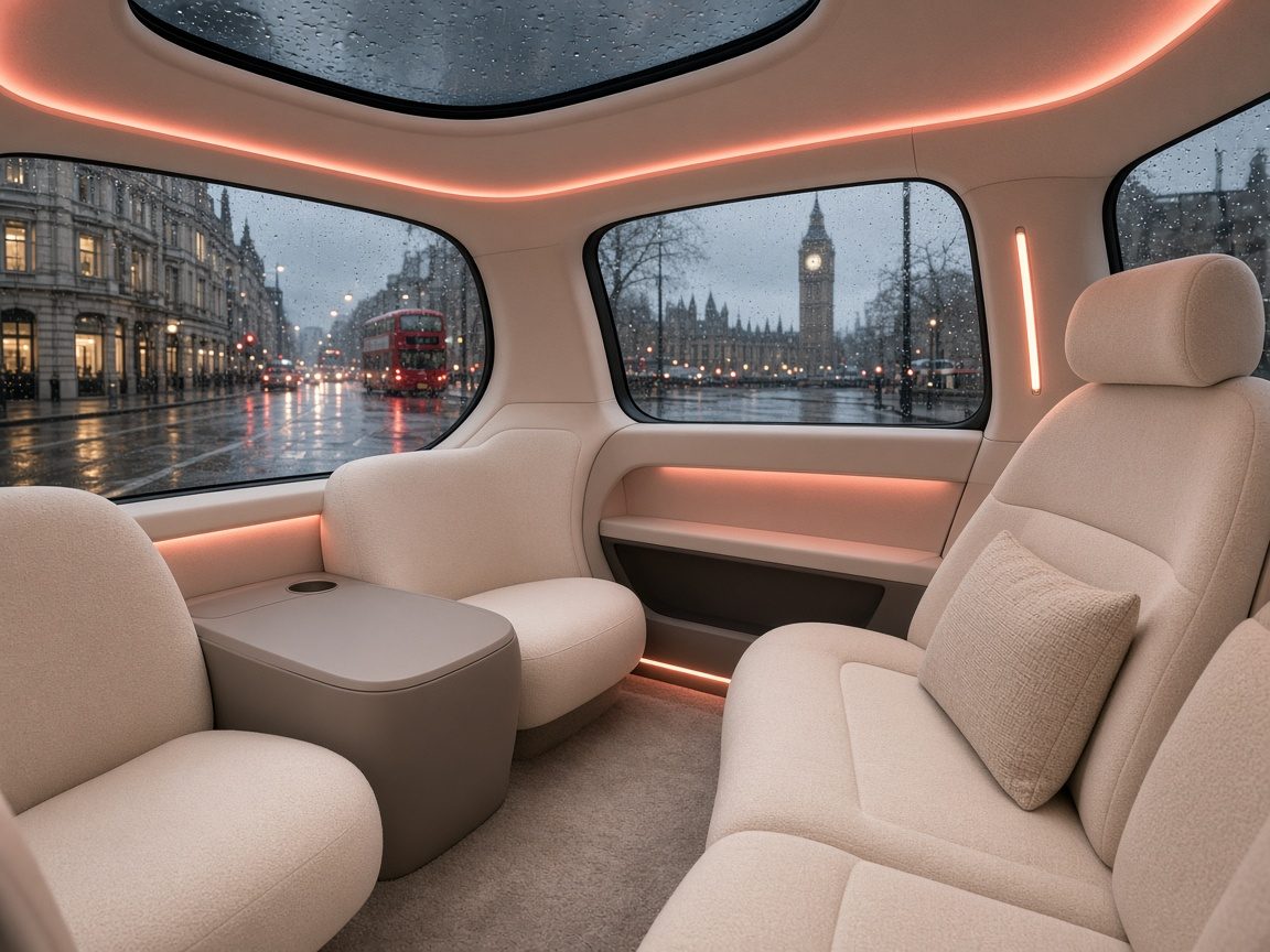 AI-illustrated concept: a warm cream taxi cabin with soft coral light and rainy London outside